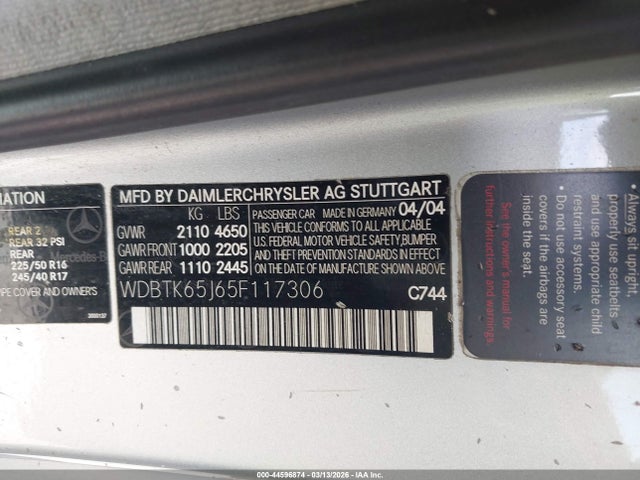 Продаж на аукціоні авто 2005 Mercedes-benz Clk 320, vin: WDBTK65J65F117306, номер лоту: 44596874