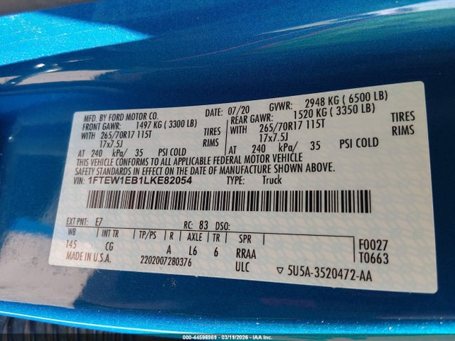 Ford F-150 Xl 2020 1FTEW1EB1LKE82054 Image 9