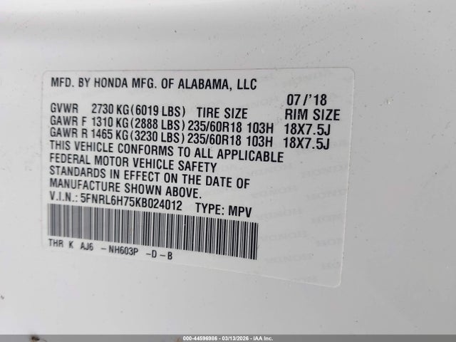 2019 HONDA ODYSSEY 5FNRL6H75KB024012 Photo 8