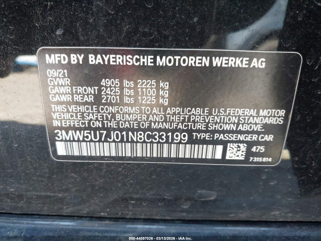 Aukcja sprzedaży 2022 Bmw M340i, vin: 3MW5U7J01N8C33199, numer aukcji: 44597026