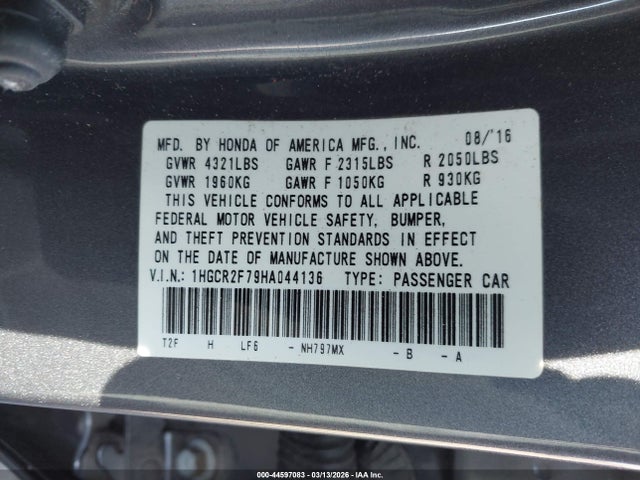 Honda ACCORD EX 2017 1HGCR2F79HA044136 Image 9