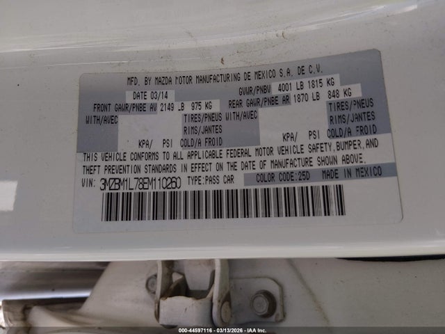 44597116 :رقم المزاد ، 3MZBM1L78EM110260 vin ، 2014 Mazda Mazda3 I Touring مزاد بيع