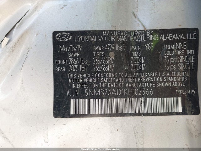 2019 HYUNDAI SANTA FE 5NMS23AD1KH102366 Photo 8