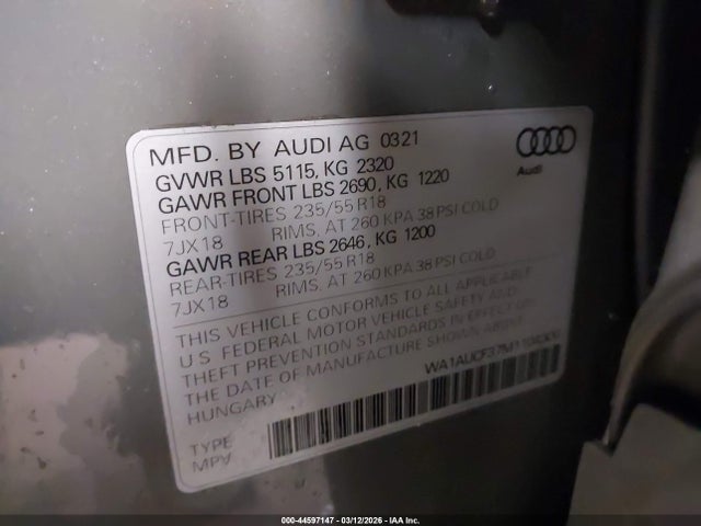 Продаж на аукціоні авто 2021 Audi Q3 Premium 40 Tfsi Quattro Tiptronic, vin: WA1AUCF37M1104300, номер лоту: 44597147