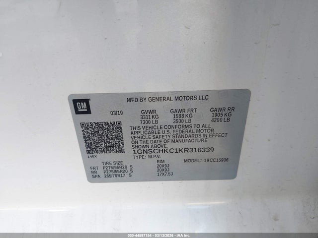 2019 Chevrolet Suburban Lt მანქანა იყიდება აუქციონზე, vin: 1GNSCHKC1KR316339, აუქციონის ნომერი: 44597154