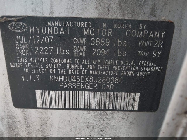 Продажа на аукционе авто 2008 Hyundai Elantra Gls/se, vin: KMHDU46DX8U280386, номер лота: 44597158