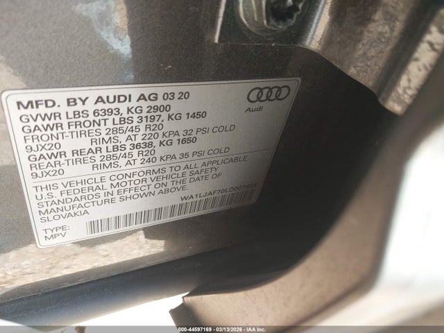 2020 Audi Q7 Premium Plus 45 Tfsi Quattro Tiptronic მანქანა იყიდება აუქციონზე, vin: WA1LJAF70LD007459, აუქციონის ნომერი: 44597169