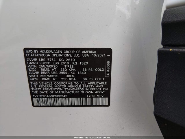 Продажа на аукционе авто 2022 Volkswagen Atlas 3.6l V6 Se W/technology, vin: 1V2JR2CA6NC508343, номер лота: 44597193