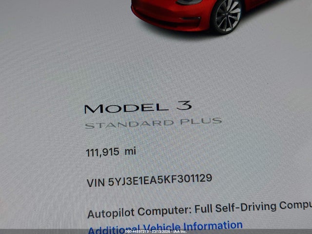 2019 Tesla Model 3 Long Range/mid Range/standard Range/standard Range Plus მანქანა იყიდება აუქციონზე, vin: 5YJ3E1EA5KF301129, აუქციონის ნომერი: 44597219