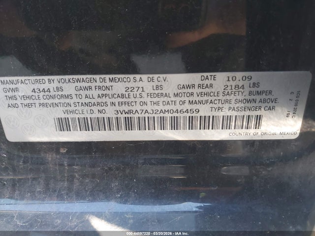 Продаж на аукціоні авто 2010 Volkswagen Jetta Wolfsburg Edition, vin: 3VWRA7AJ2AM046459, номер лоту: 44597220