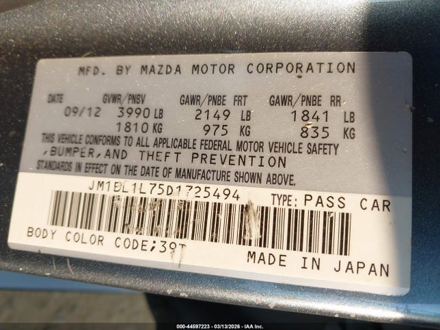 Aukcja sprzedaży 2013 Mazda Mazda3 I Touring, vin: JM1BL1L75D1725494, numer aukcji: 44597223
