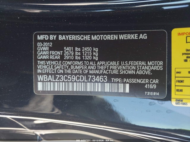 Продаж на аукціоні авто 2012 Bmw 650i, vin: WBALZ3C59CDL73463, номер лоту: 44597231
