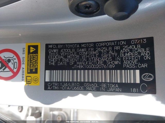 44597258 :رقم المزاد ، JTHBK1GG0D2076189 vin ، 2013 Lexus Es 350 مزاد بيع