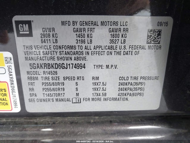 Aukcja sprzedaży 2016 Buick Enclave Leather, vin: 5GAKRBKD6GJ174994, numer aukcji: 44597262