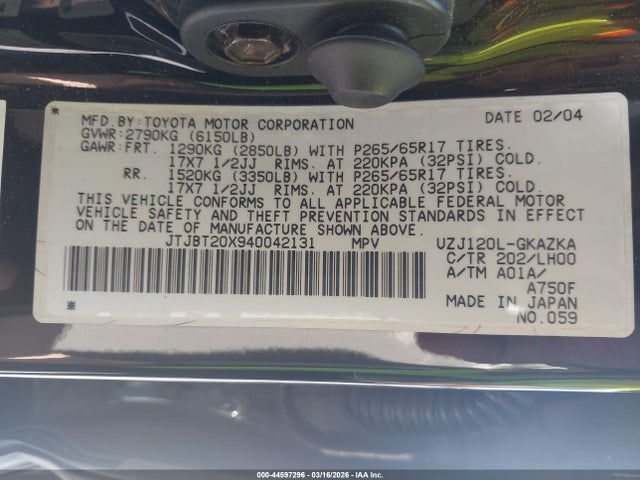 Aukcja sprzedaży 2004 Lexus Gx 470, vin: JTJBT20X940042131, numer aukcji: 44597296