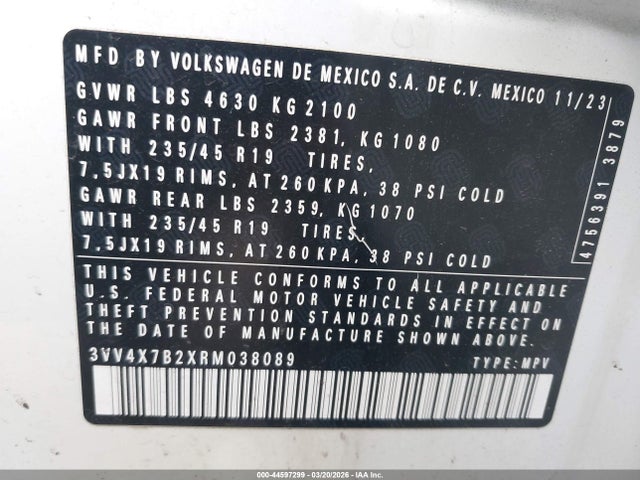 2024 Volkswagen Taos 1.5t Sel მანქანა იყიდება აუქციონზე, vin: 3VV4X7B2XRM038089, აუქციონის ნომერი: 44597299