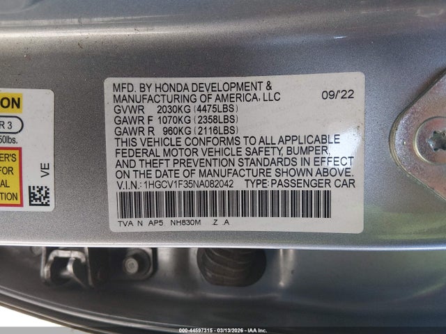 Продажа на аукционе авто 2022 Honda Accord Sport, vin: 1HGCV1F35NA082042, номер лота: 44597315