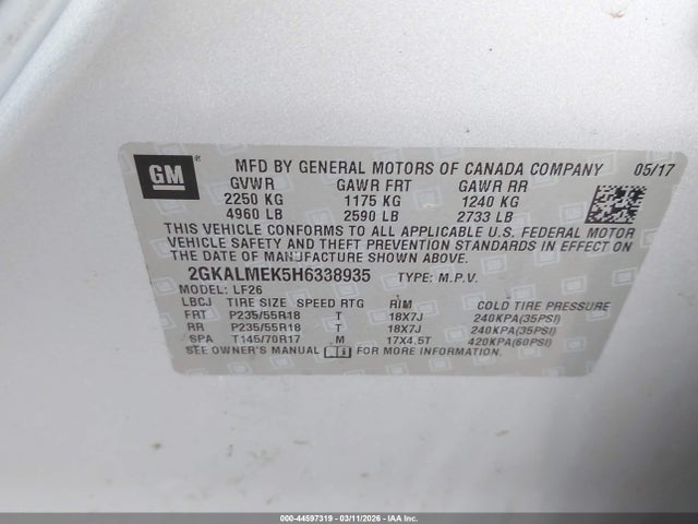 44597319 :رقم المزاد ، 2GKALMEK5H6338935 vin ، 2017 Gmc Terrain Sle-1 مزاد بيع