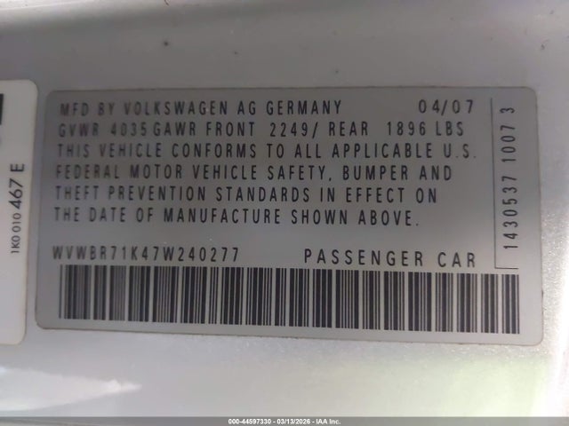 2007 VOLKSWAGEN RABBIT WVWBR71K47W240277 Photo 8