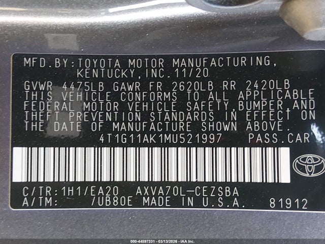 44597331 :رقم المزاد ، 4T1G11AK1MU521997 vin ، 2021 Toyota Camry Se مزاد بيع