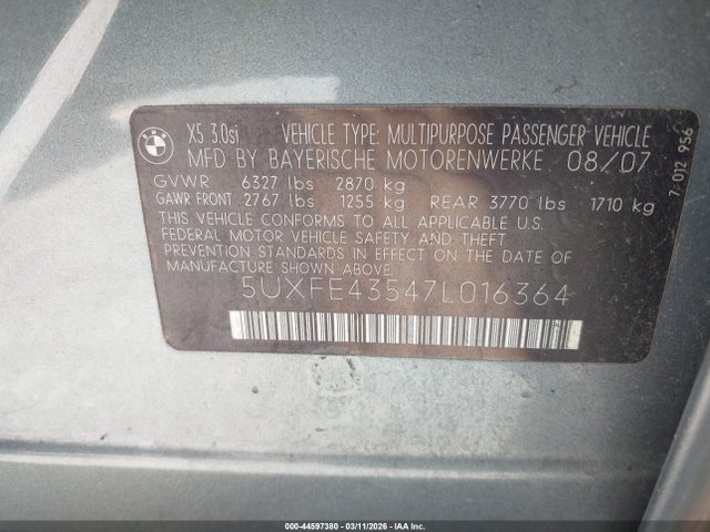 2007 Bmw X5 3.0si მანქანა იყიდება აუქციონზე, vin: 5UXFE43547L016364, აუქციონის ნომერი: 44597380