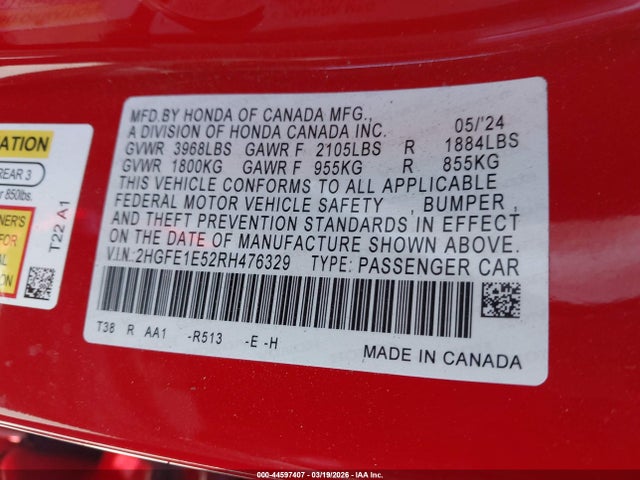 2HGFE1E52RH476329 Honda CIVIC SI SEDAN