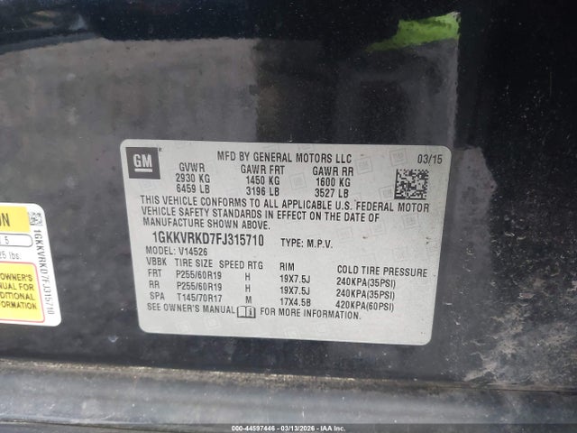44597446 :رقم المزاد ، 1GKKVRKD7FJ315710 vin ، 2015 Gmc Acadia Slt-1 مزاد بيع
