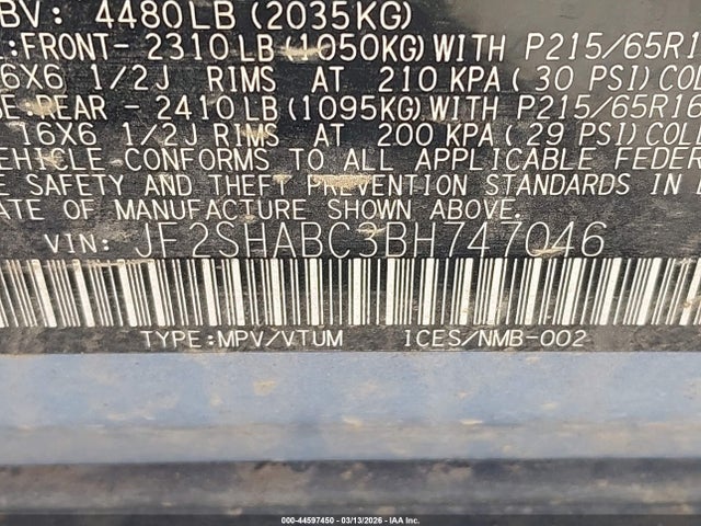 2011 Subaru Forester 2.5x მანქანა იყიდება აუქციონზე, vin: JF2SHABC3BH747046, აუქციონის ნომერი: 44597450