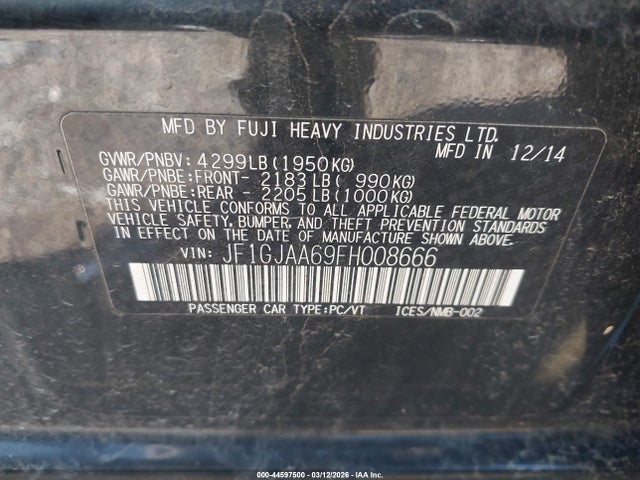 44597500 :رقم المزاد ، JF1GJAA69FH008666 vin ، 2015 Subaru Impreza 2.0i مزاد بيع