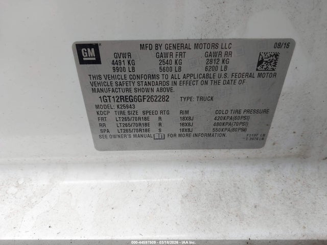 44597509 :رقم المزاد ، 1GT12REG6GF262282 vin ، 2016 Gmc Sierra 2500hd مزاد بيع
