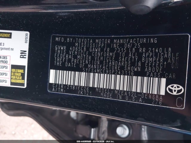 Продажа на аукционе авто 2025 Toyota Corolla Se, vin: 5YFS4MCE9SP243116, номер лота: 44597545
