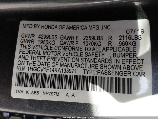 Продажа на аукционе авто 2019 Honda Accord Lx, vin: 1HGCV1F14KA135971, номер лота: 44597548