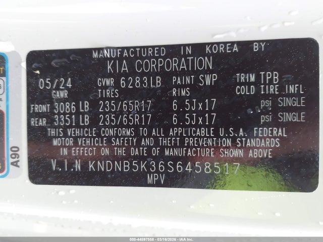 2025 Kia Carnival Mpv Lxs მანქანა იყიდება აუქციონზე, vin: KNDNB5K36S6458517, აუქციონის ნომერი: 44597558