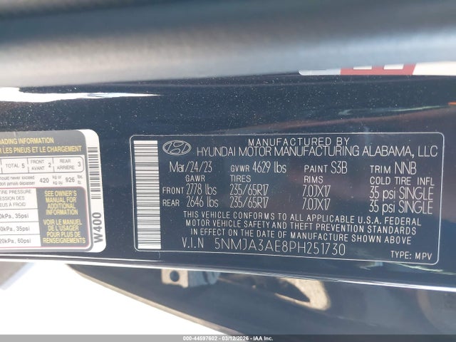 Aukcja sprzedaży 2023 Hyundai Tucson Se, vin: 5NMJA3AE8PH251730, numer aukcji: 44597602