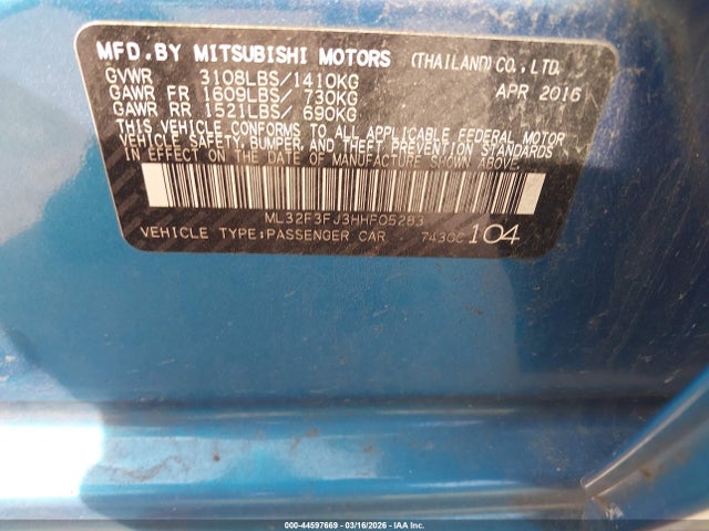 2017 Mitsubishi Mirage G4 Es მანქანა იყიდება აუქციონზე, vin: ML32F3FJ3HHF05283, აუქციონის ნომერი: 44597669