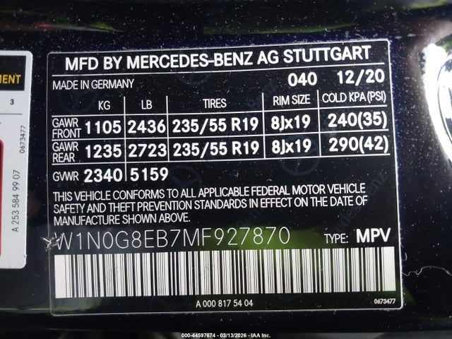 2021 Mercedes-benz Glc 300 4matic Suv მანქანა იყიდება აუქციონზე, vin: W1N0G8EB7MF927870, აუქციონის ნომერი: 44597674