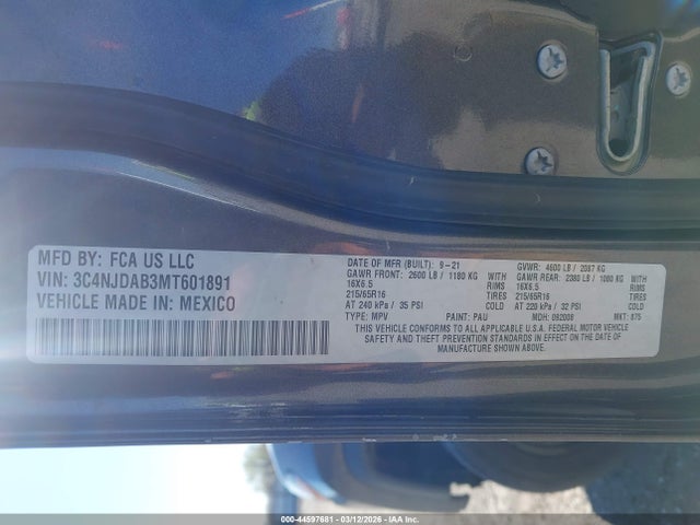 2021 Jeep Compass Sport 4x4 მანქანა იყიდება აუქციონზე, vin: 3C4NJDAB3MT601891, აუქციონის ნომერი: 44597681