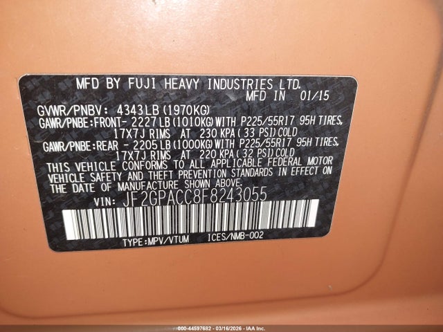 Subaru Xv Crosstrek 2.0i Premium 2015 JF2GPACC8F8243055 Image 9