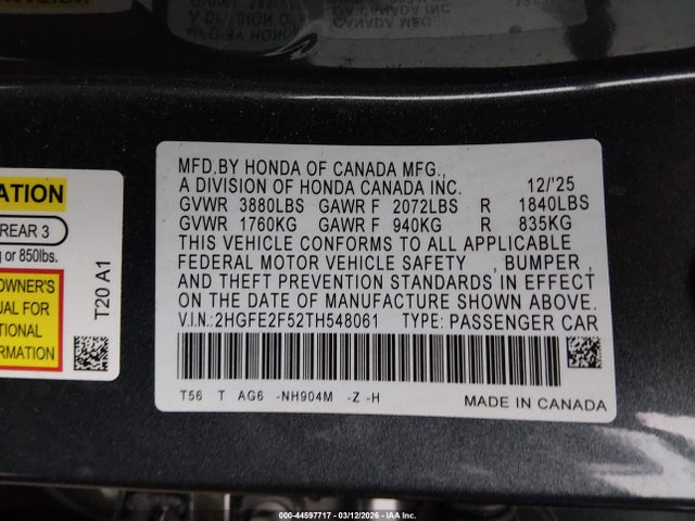 Продаж на аукціоні авто 2026 Honda Civic Sport, vin: 2HGFE2F52TH548061, номер лоту: 44597717