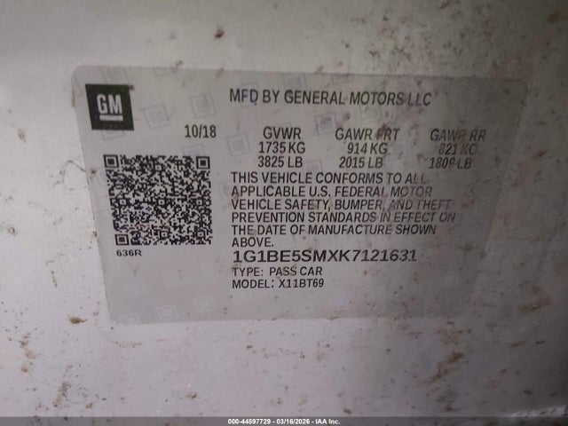 Aukcja sprzedaży 2019 Chevrolet Cruze Lt, vin: 1G1BE5SMXK7121631, numer aukcji: 44597729