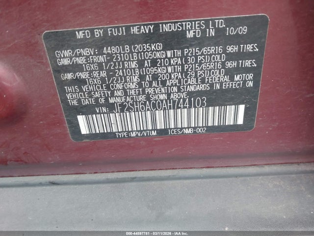 Aukcja sprzedaży 2010 Subaru Forester 2.5x, vin: JF2SH6AC0AH744103, numer aukcji: 44597781