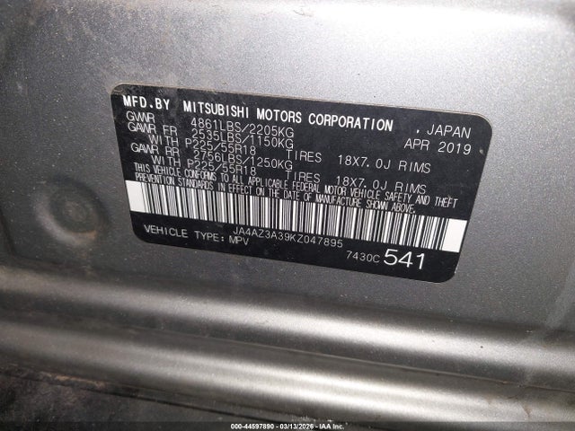 2019 MITSUBISHI OUTLANDER JA4AZ3A39KZ047895 Photo 8