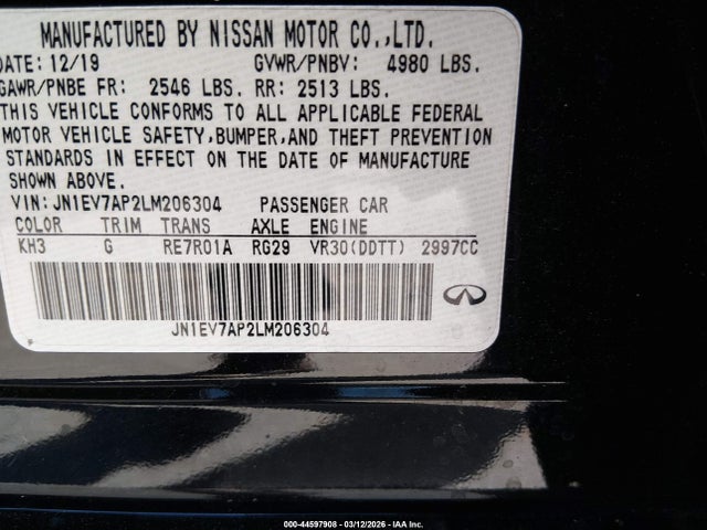 2020 Infiniti Q50 Luxe მანქანა იყიდება აუქციონზე, vin: JN1EV7AP2LM206304, აუქციონის ნომერი: 44597908