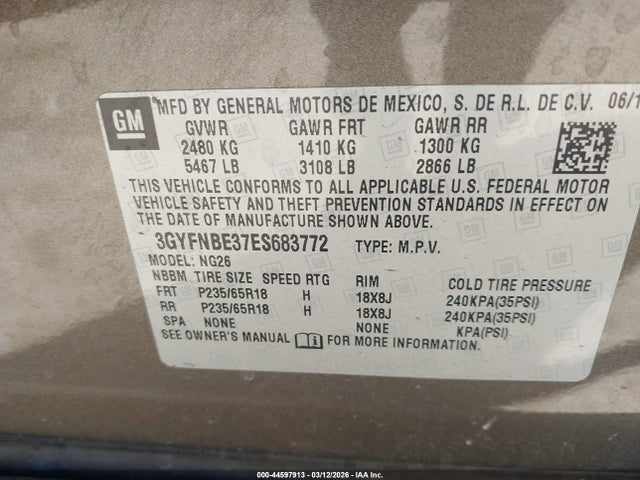 44597913 :رقم المزاد ، 3GYFNBE37ES683772 vin ، 2014 Cadillac Srx Luxury Collection مزاد بيع
