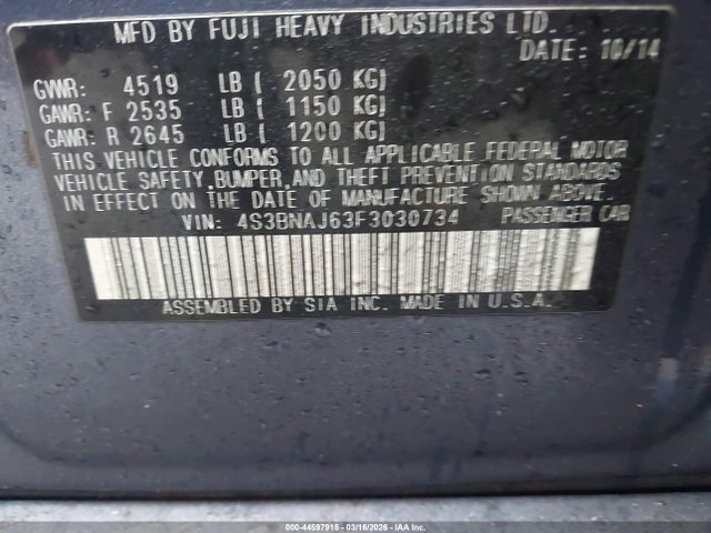 Subaru Legacy 2.5i Limited 2015 4S3BNAJ63F3030734 Image 9