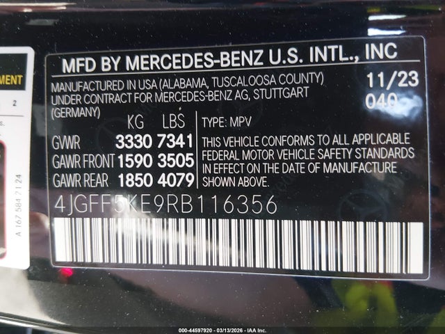 Aukcja sprzedaży 2024 Mercedes-benz Gls 450 4matic, vin: 4JGFF5KE9RB116356, numer aukcji: 44597920