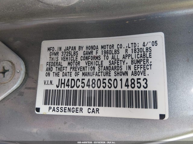 44597936 :رقم المزاد ، JH4DC54805S014853 vin ، 2005 Acura Rsx مزاد بيع