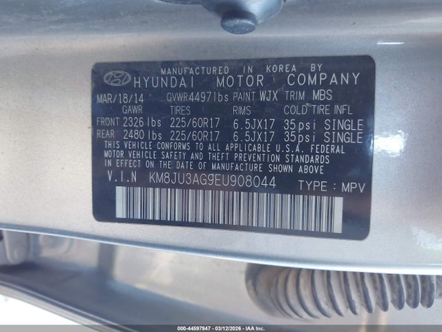44597947 :رقم المزاد ، KM8JU3AG9EU908044 vin ، 2014 Hyundai Tucson Se مزاد بيع