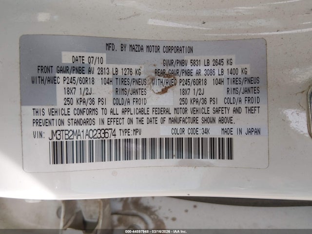 Auction sale of the 2010 Mazda Cx-9 Sport, vin: JM3TB2MA1A0233674, lot number: 44597948