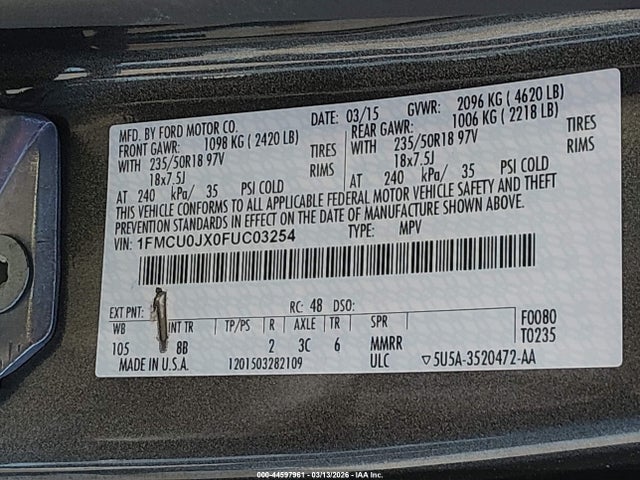 2015 Ford Escape Titanium მანქანა იყიდება აუქციონზე, vin: 1FMCU0JX0FUC03254, აუქციონის ნომერი: 44597961